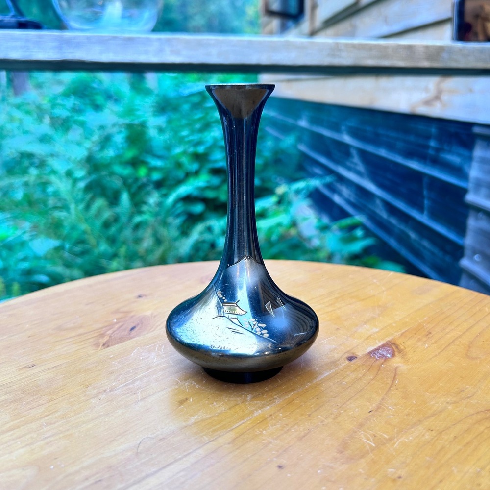 Vintage Japanese Chokin Bud Vase Small Black 24K Gold Silver Mt Fuji Pagoda Art